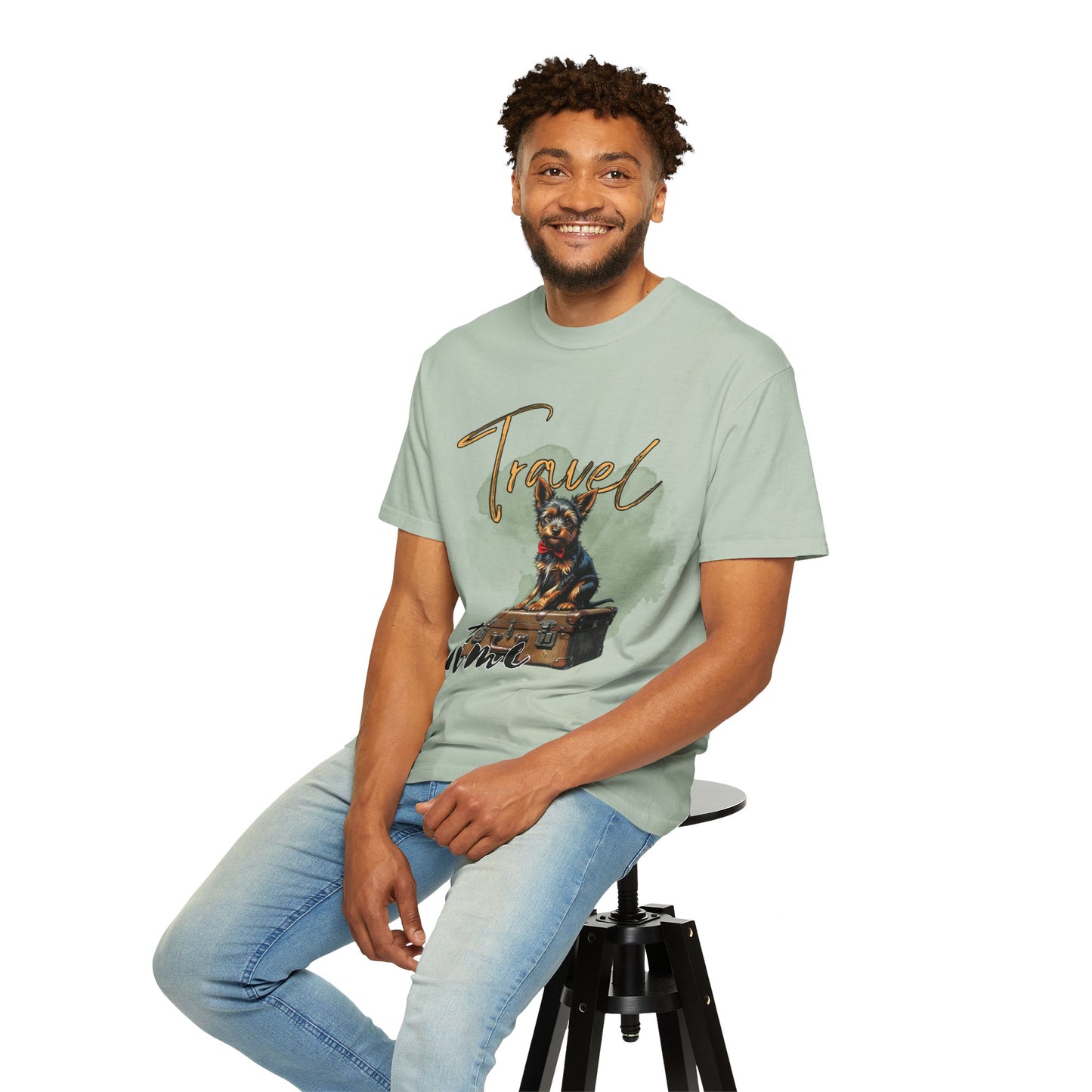 Travel Time Unisex Garment-Dyed T-Shirt with Dog Design