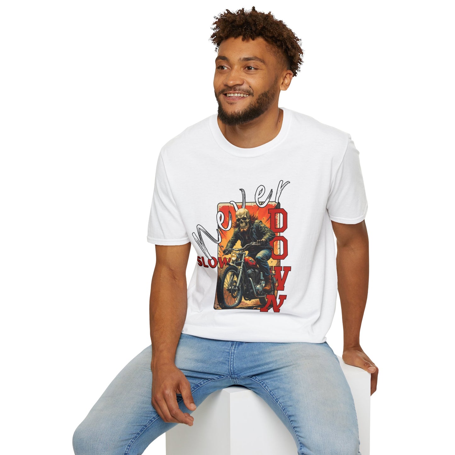 Never Slow Down Motorcycle T-Shirt - Unisex Softstyle Graphic Tee,biker, scull ,twisted