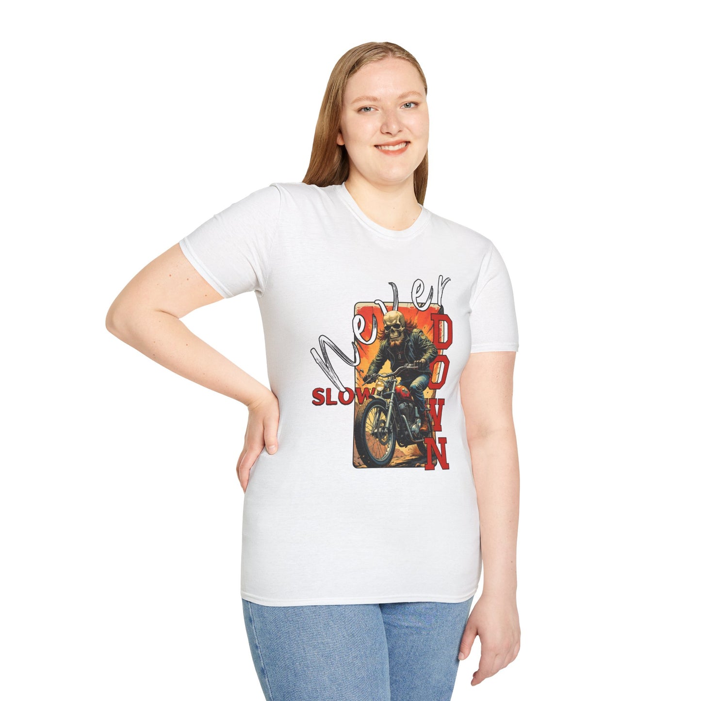 Never Slow Down Motorcycle T-Shirt - Unisex Softstyle Graphic Tee,biker, scull ,twisted