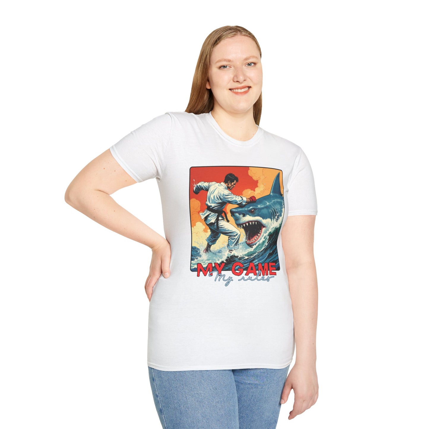 My Game Unisex Softstyle T-Shirt - Retro Shark Design Tee for Adventure Lovers, karate,sport