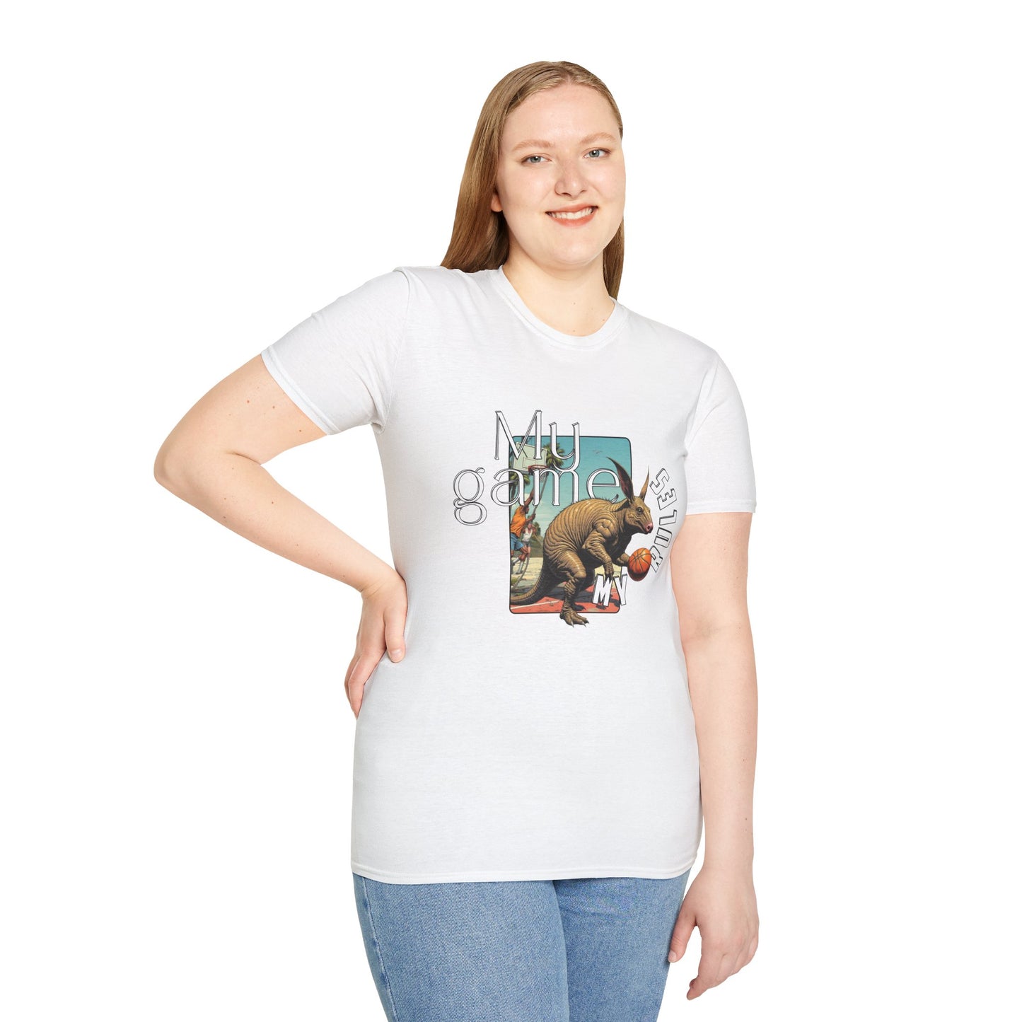Retro Dinosaur Basketball T-Shirt - Fun Graphic Tee for Sport Enthusiasts, armadillo