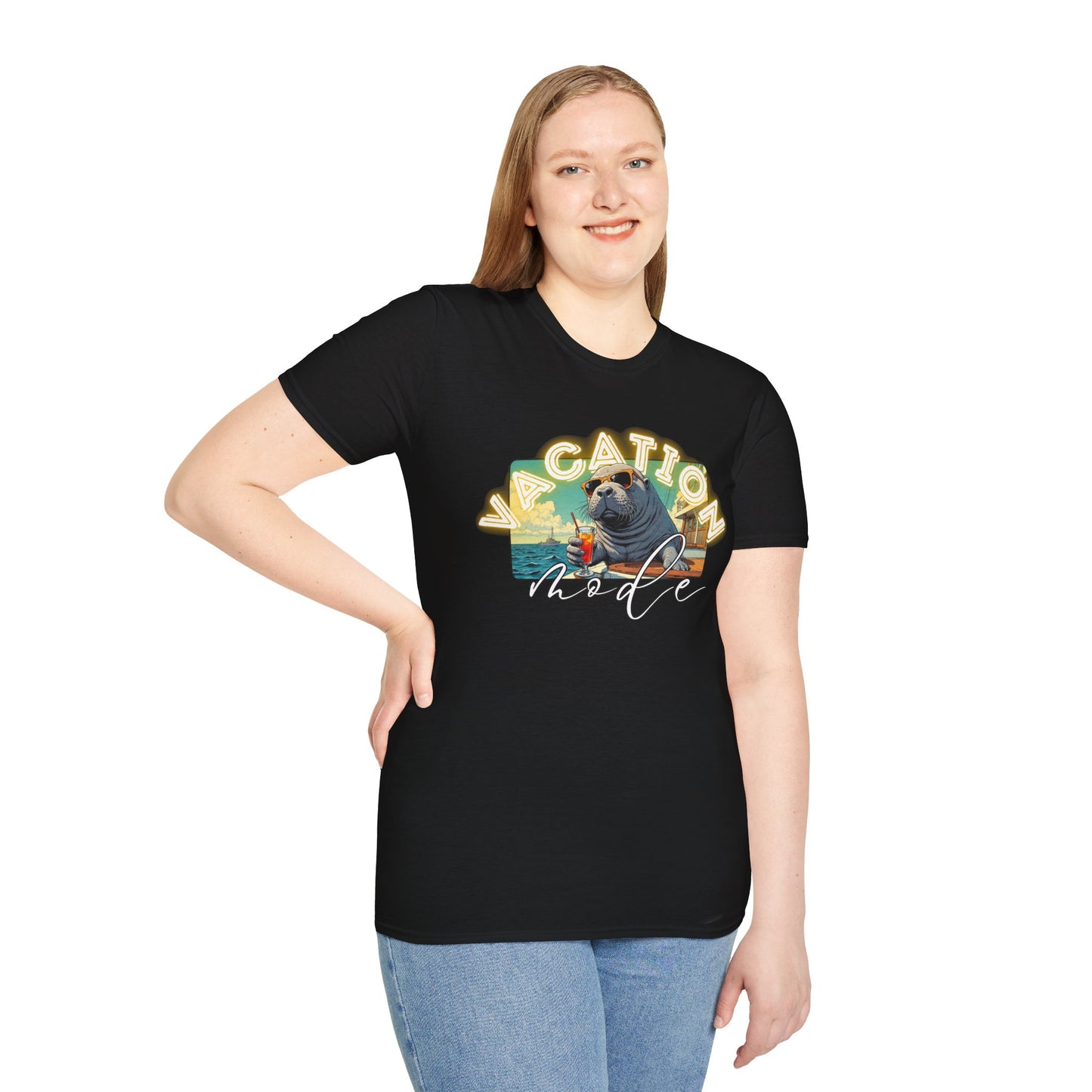 Funny Vacation Mode Unisex Softstyle T-Shirt, manatee