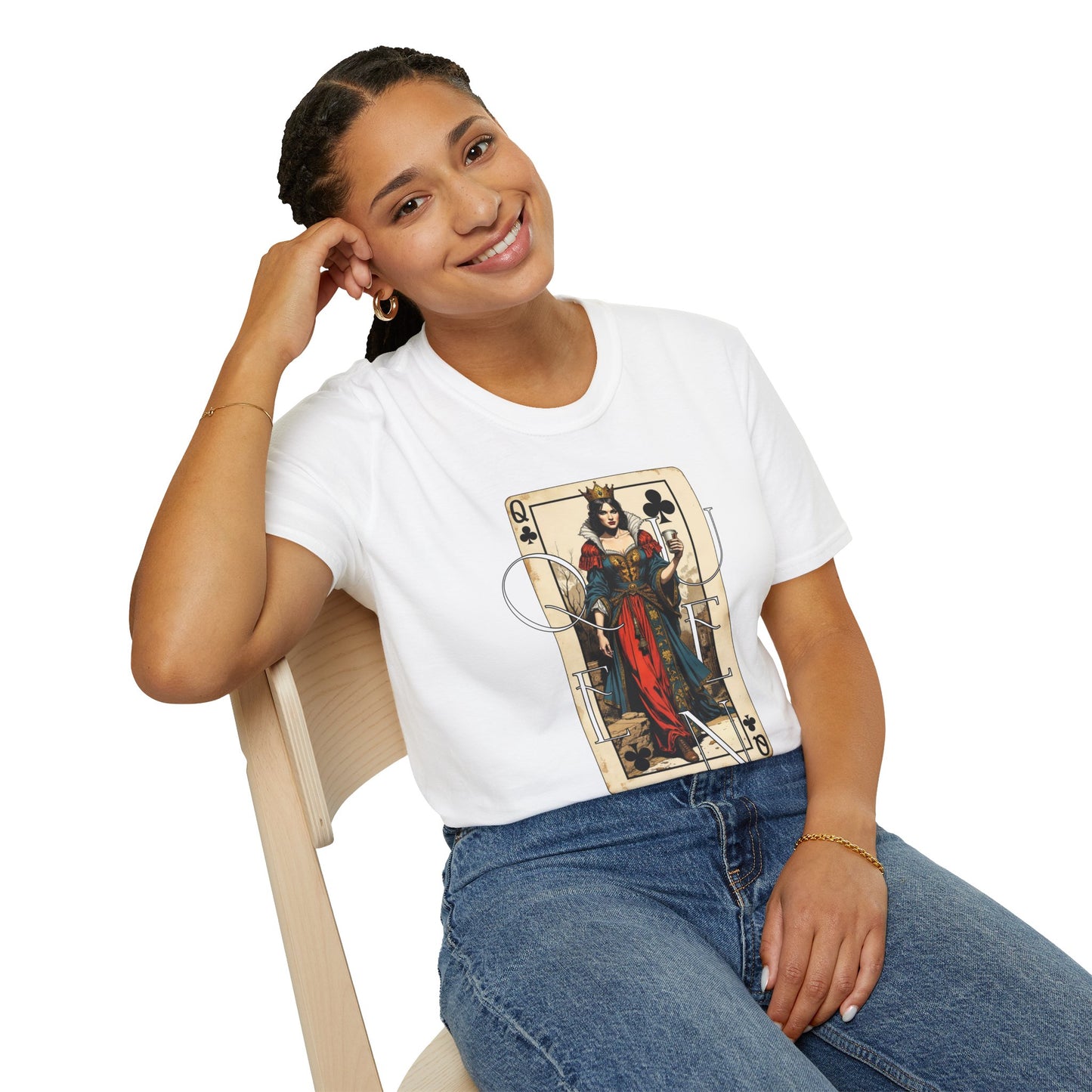 Queen Playing Card Graphic Unisex Softstyle T-Shirt, girl. queen