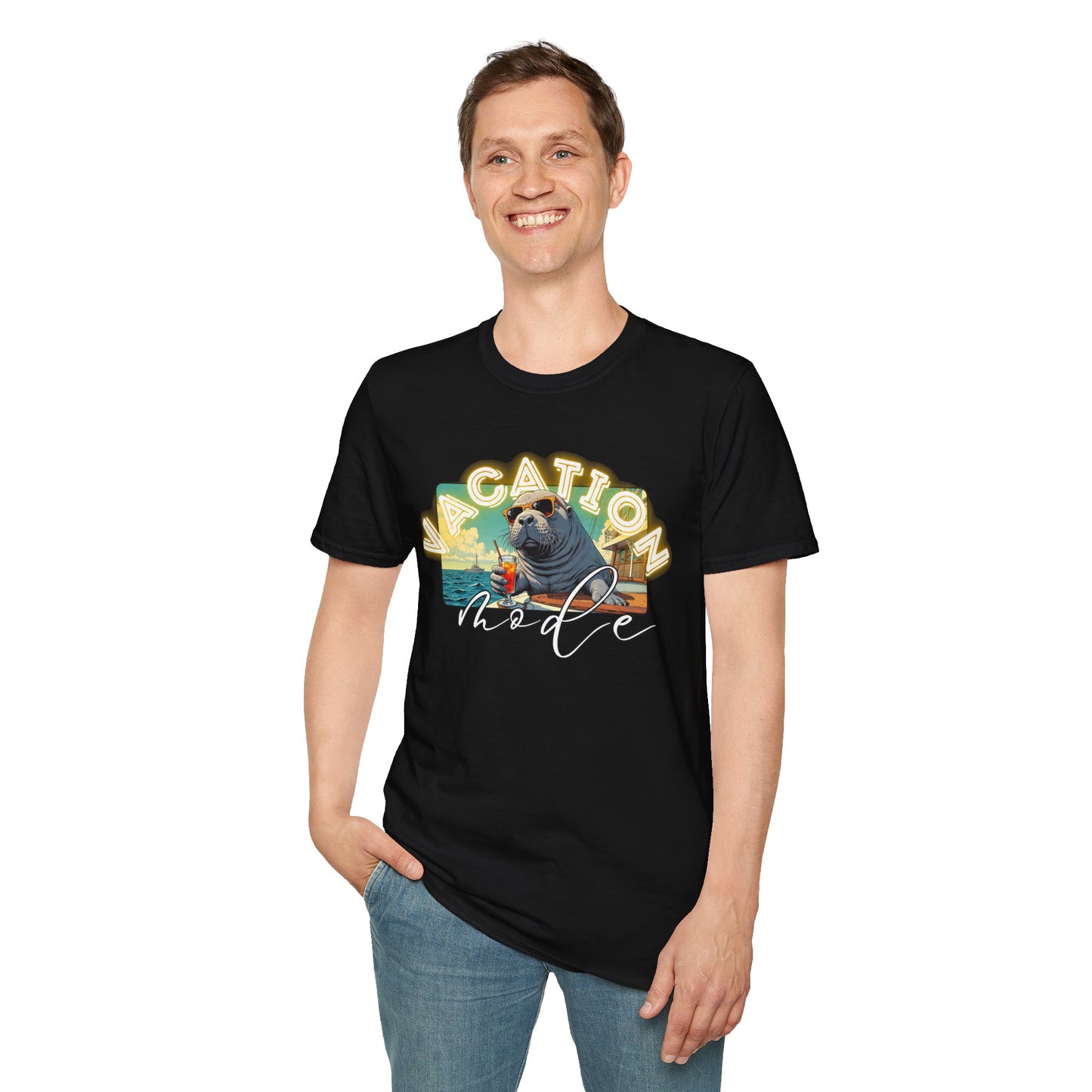 Funny Vacation Mode Unisex Softstyle T-Shirt, manatee