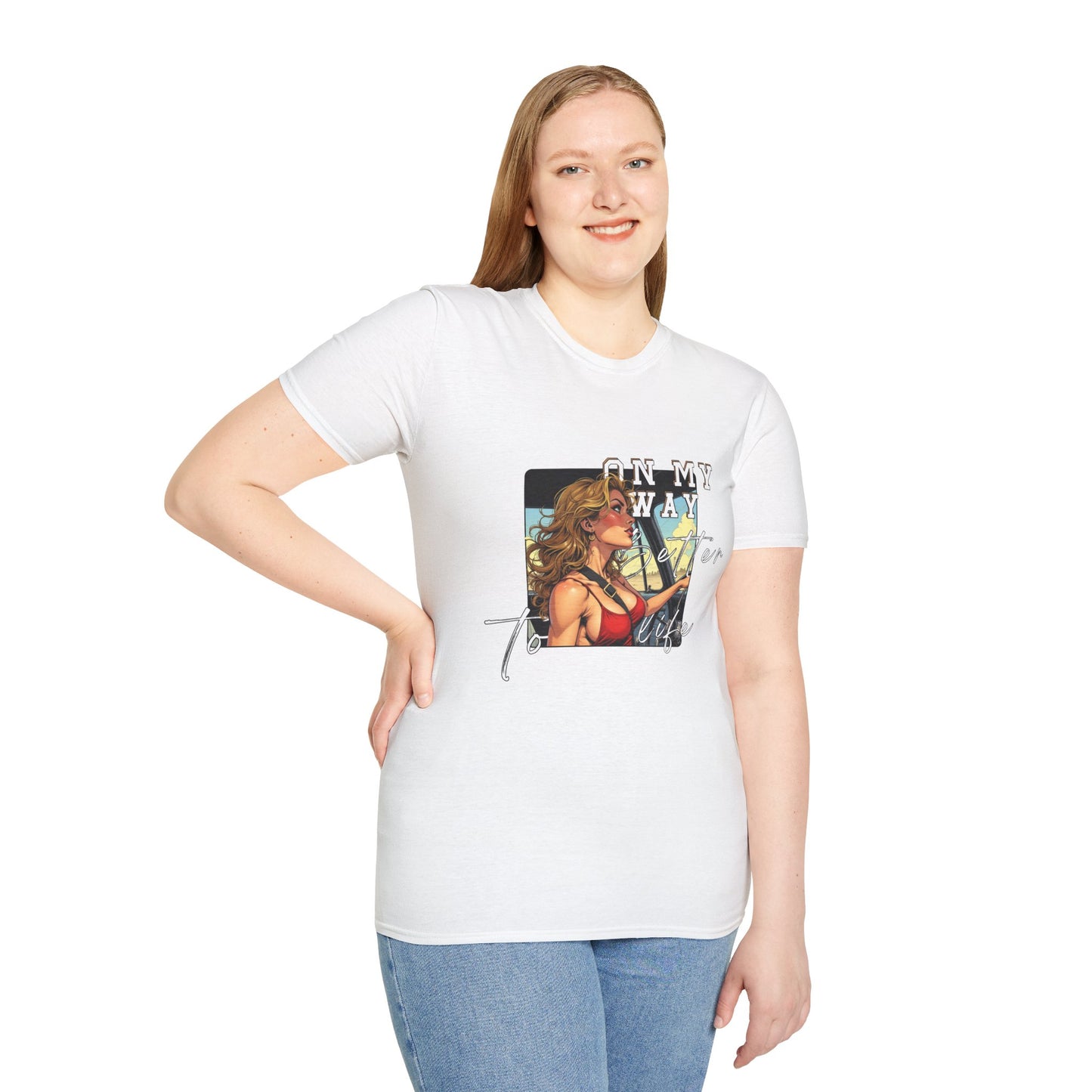 Vintage-Inspired Unisex Softstyle T-Shirt - 'On My Way to Better Life'woman driving,twisted