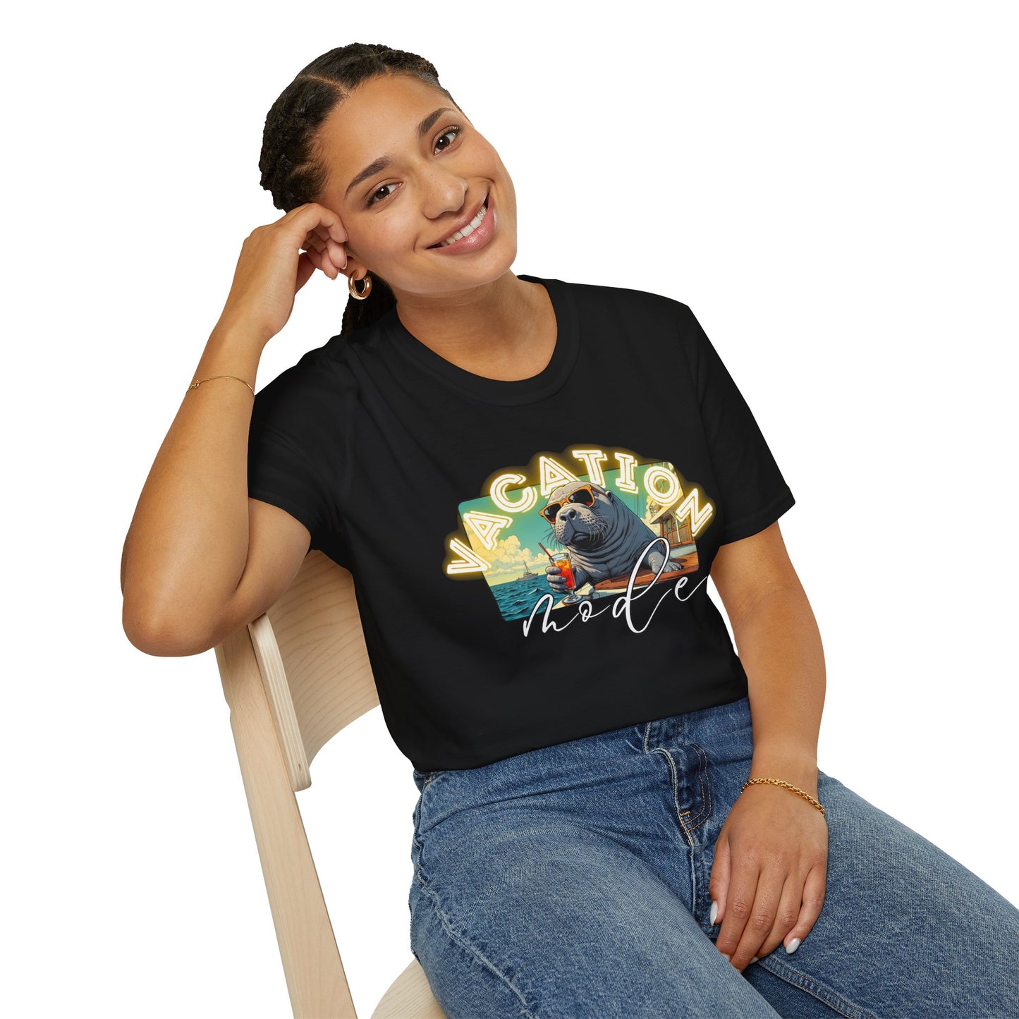 Funny Vacation Mode Unisex Softstyle T-Shirt, manatee