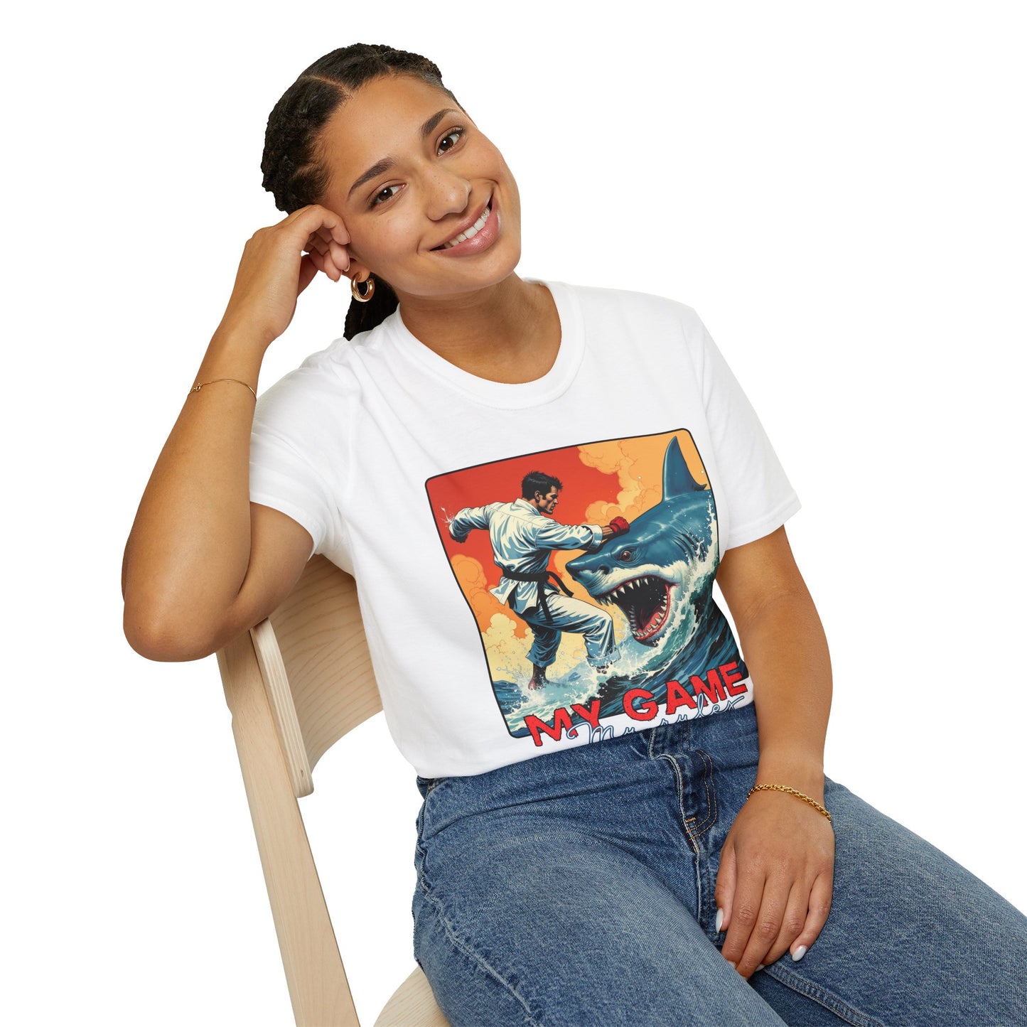 My Game Unisex Softstyle T-Shirt - Retro Shark Design Tee for Adventure Lovers, karate,sport