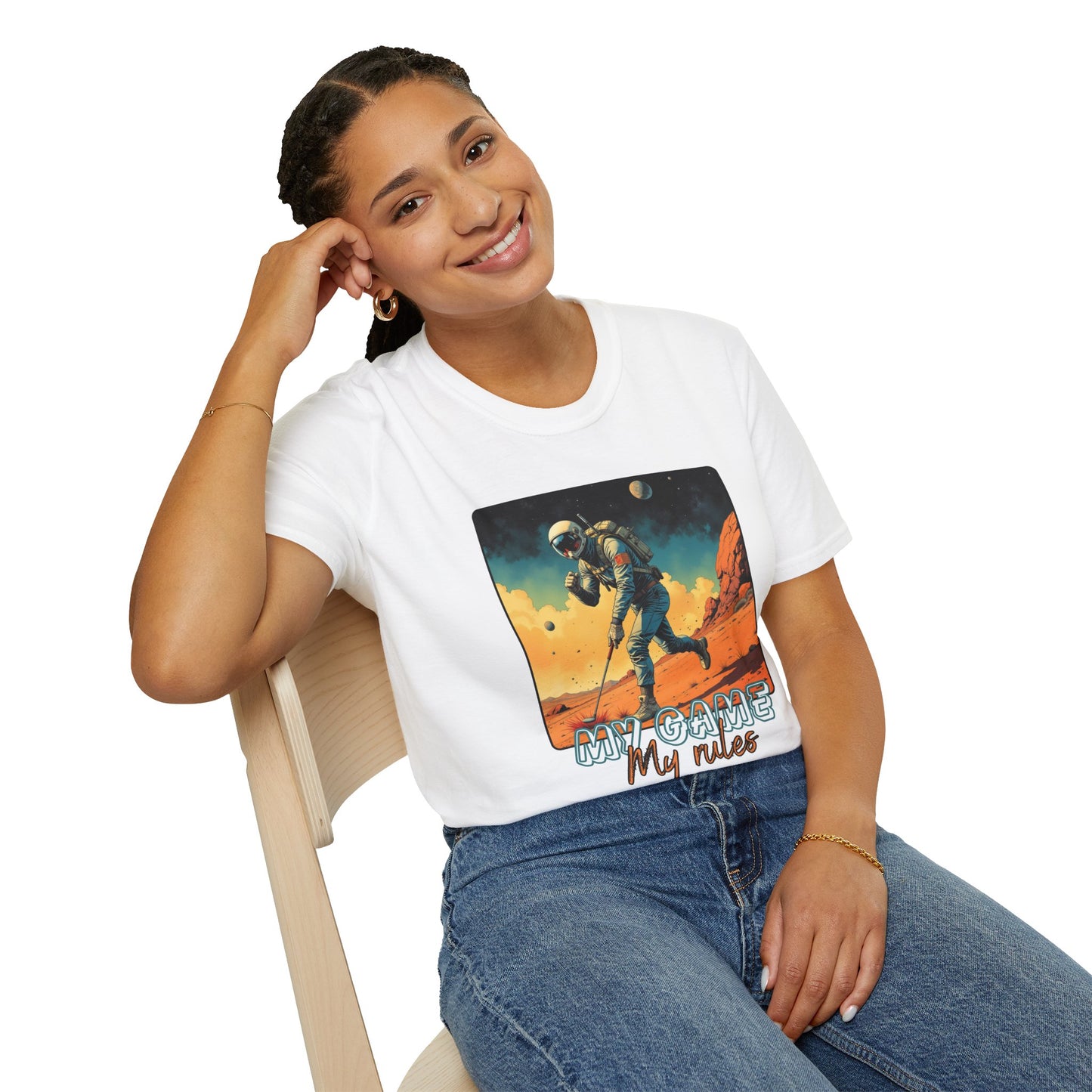 Vintage Space Explorer T-Shirt - 'My Game My Rules' golf, moon,sport