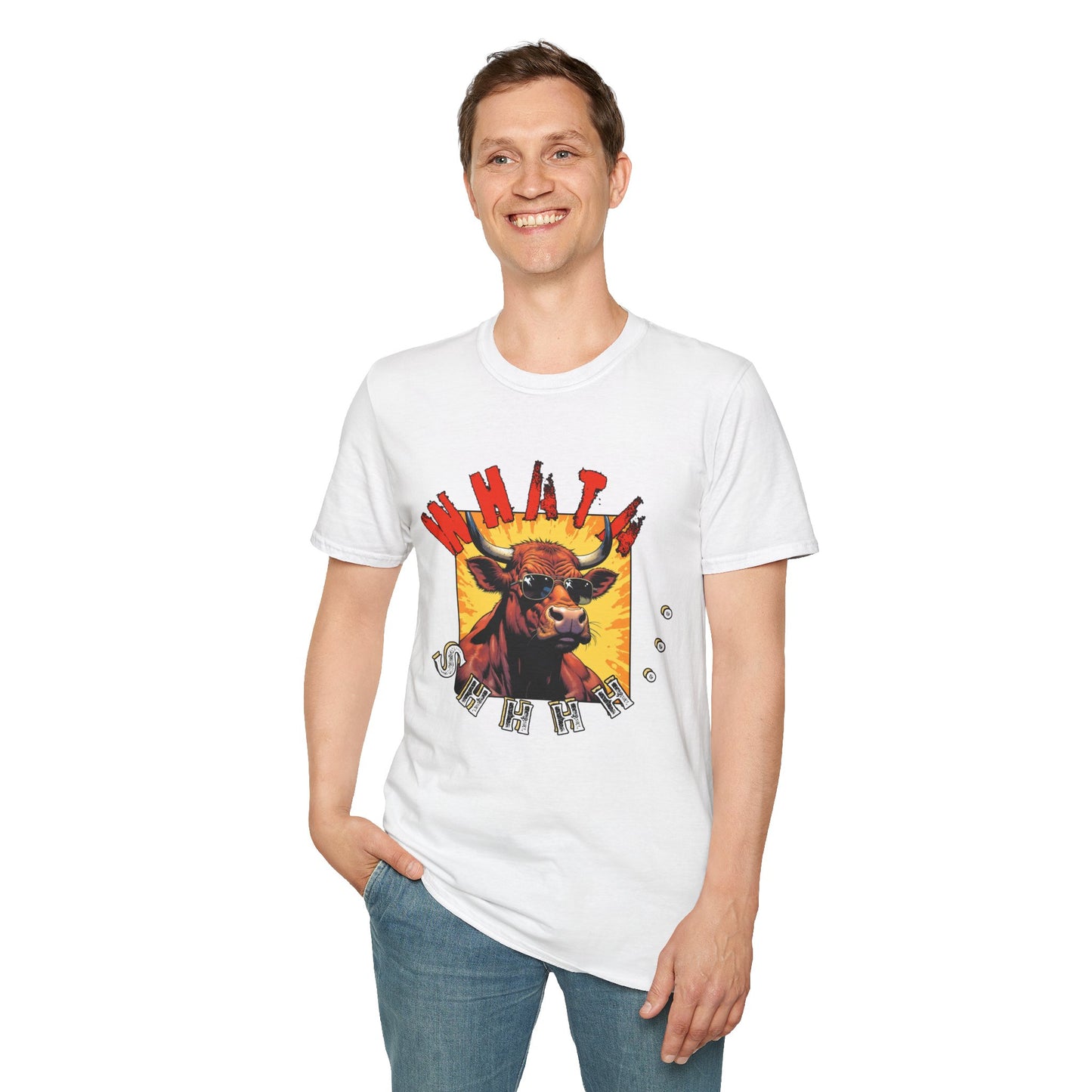 Whimsical Cow Graphic Unisex Softstyle T-Shirt - 'What bull Shhh...'
