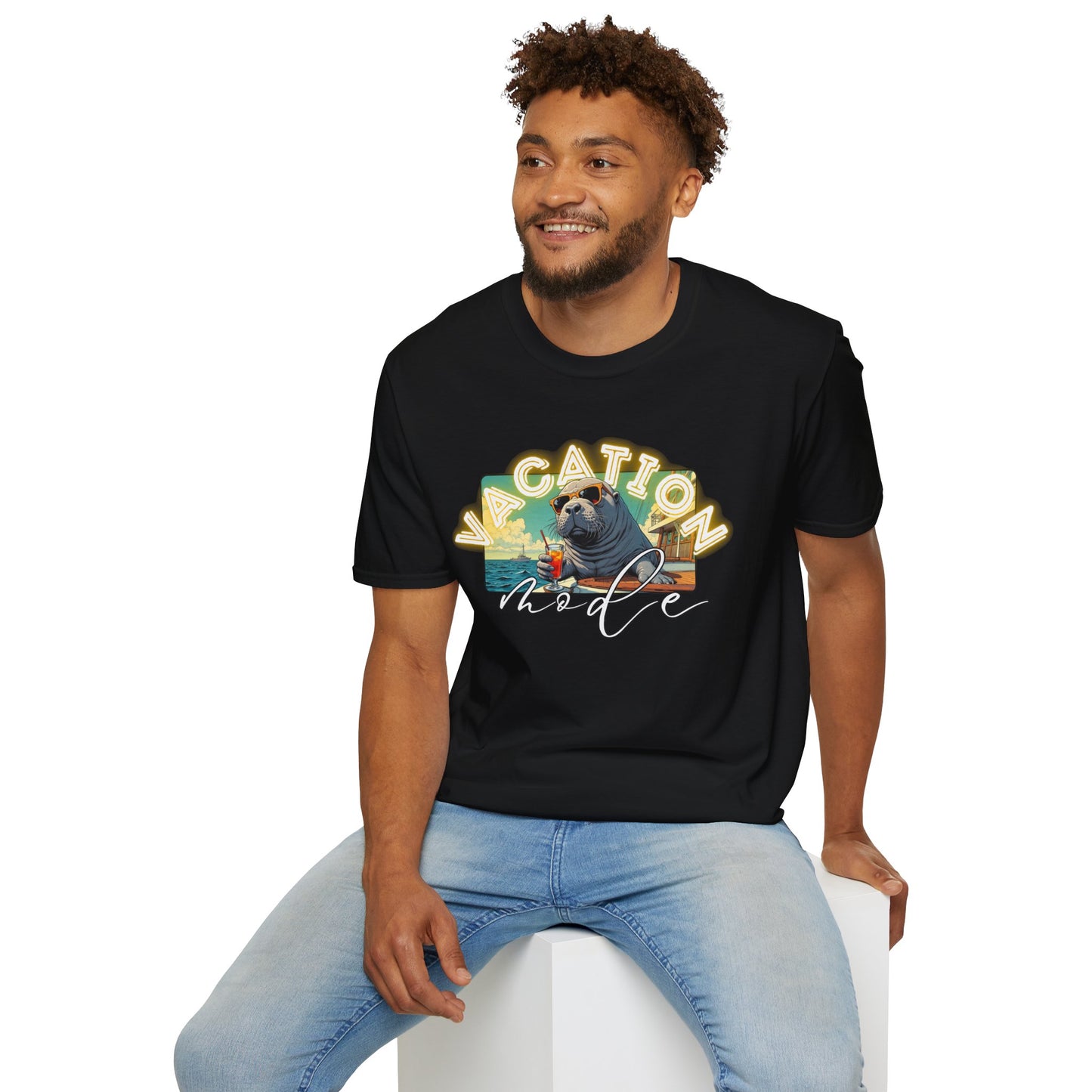 Funny Vacation Mode Unisex Softstyle T-Shirt, manatee