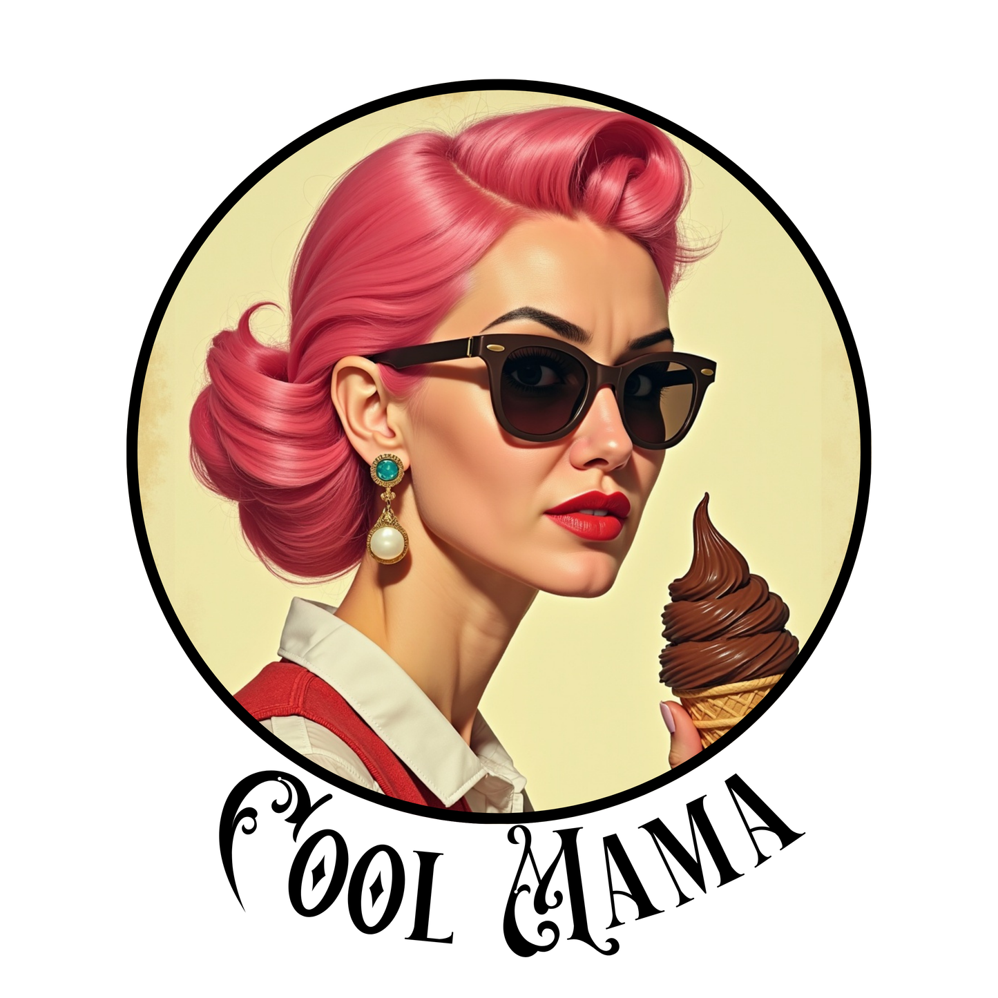 Bubble-free stickers, "Pink hair lady with chocolate ice cream" Pinup retro style.