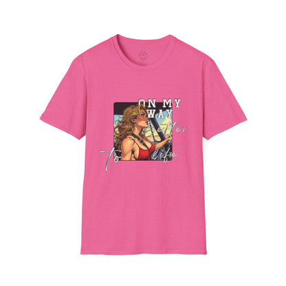 Vintage-Inspired Unisex Softstyle T-Shirt - 'On My Way to Better Life'woman driving,twisted